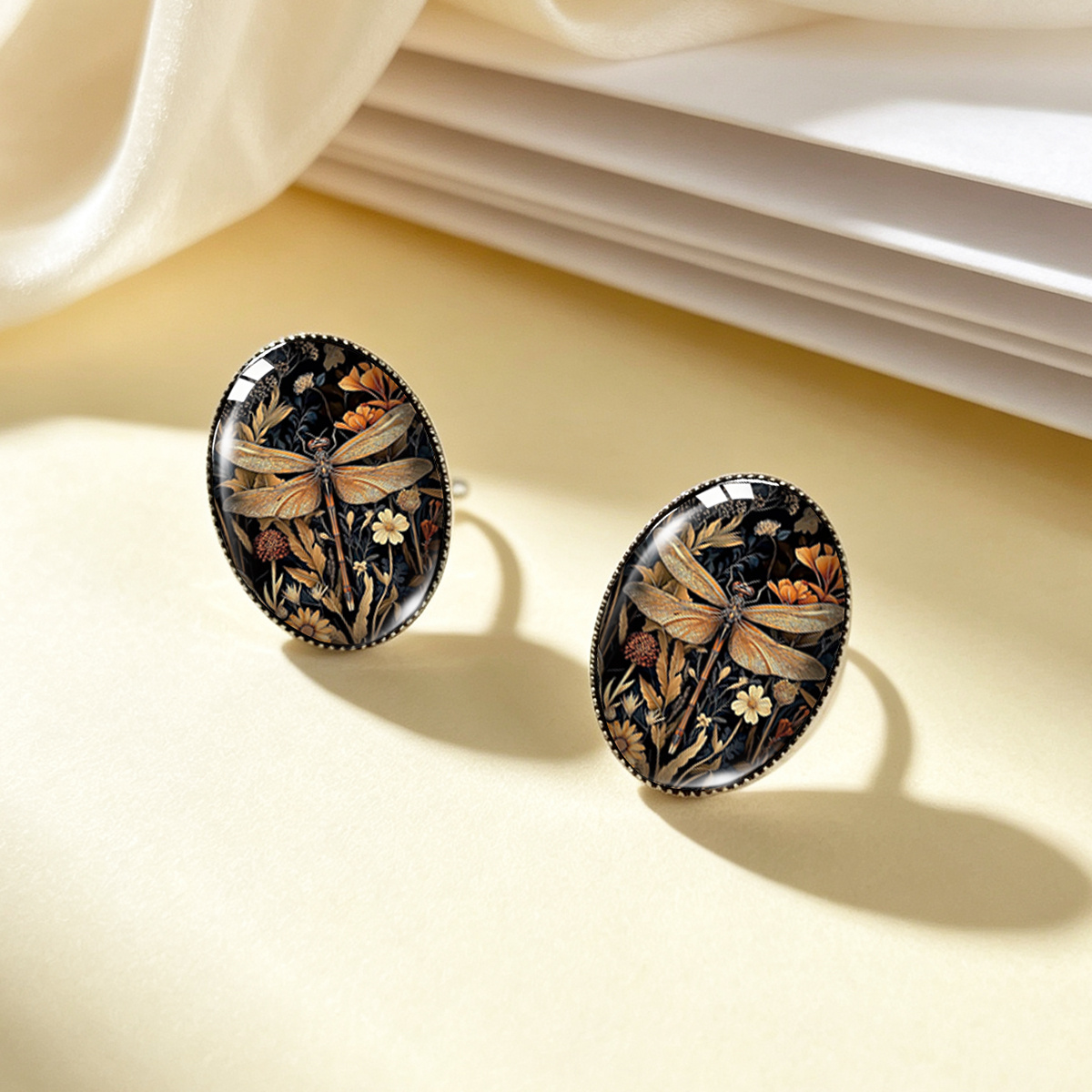 Black and Golden Dragonfly Floral Print Stud Earrings
